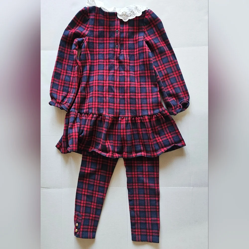Janie and Jack 2in1 Tartan Plaid Drop Waist Eyelet Dress +Matching Leggings Sz 5